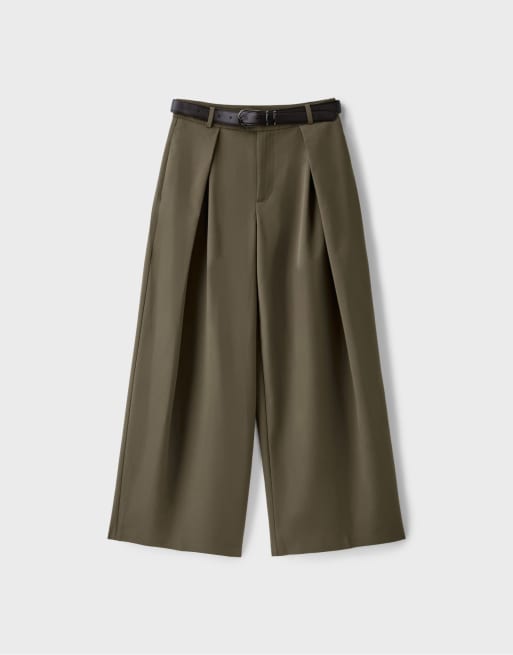 Stradivarius Wide-leg trousers with darts and belt in khaki, 6 of 7