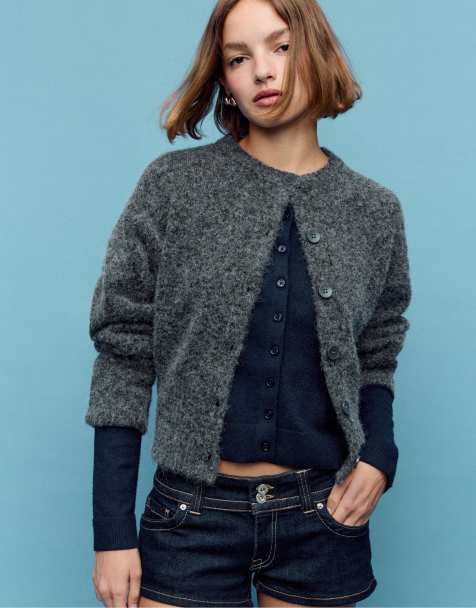 Stradivarius Wide sleeve knit cardigan in dark grey - view 1