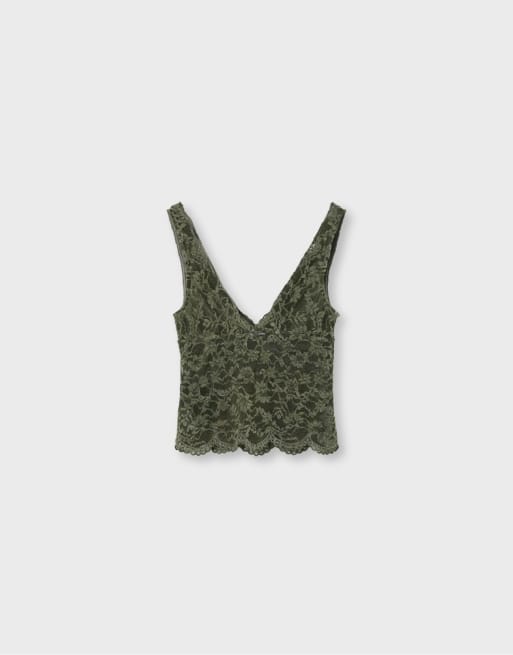 Stradivarius Wide-strap lace top in khaki, 7 of 7