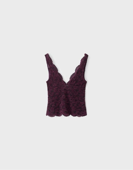 Stradivarius Wide-strap lace top in purple, 7 of 7