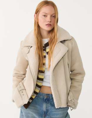 Stradivarius - Wildlederimitat-Bikerjacke in Ecru-Weiß