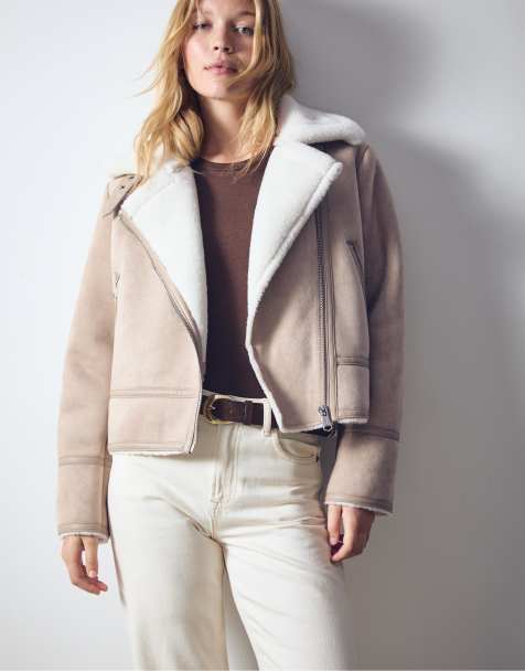 Stradivarius – Wildlederimitat-Bikerjacke in Ecru - view 1