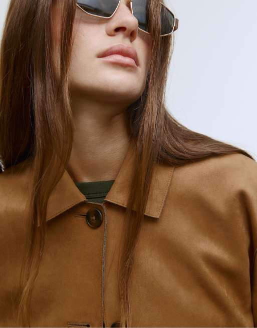 Stradivarius – Wildlederimitat-Jacke in blassem Camel mit Taschen, 2 von 4