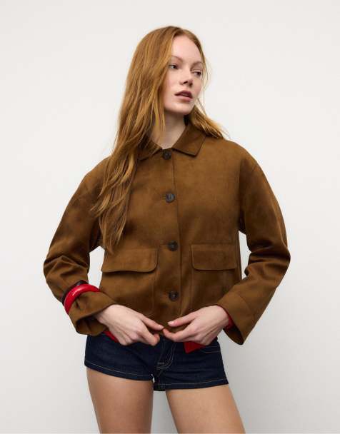 Stradivarius – Wildlederimitat-Jacke in blassem Camel mit Taschen - view 1