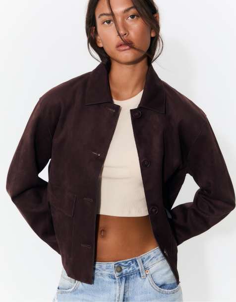 Stradivarius – Wildlederimitat-Jacke in Burgunderrot mit Taschen - view 1