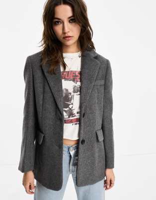 Stradivarius Wool Blend Blazer In Dark Gray