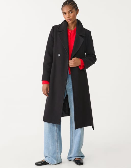 Stradivarius wool look coat with belt in black, 4 of 4