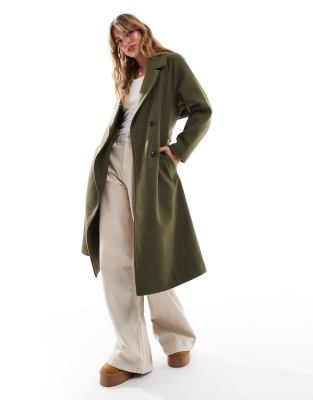 wool look jacket with tie waist in khaki-Green