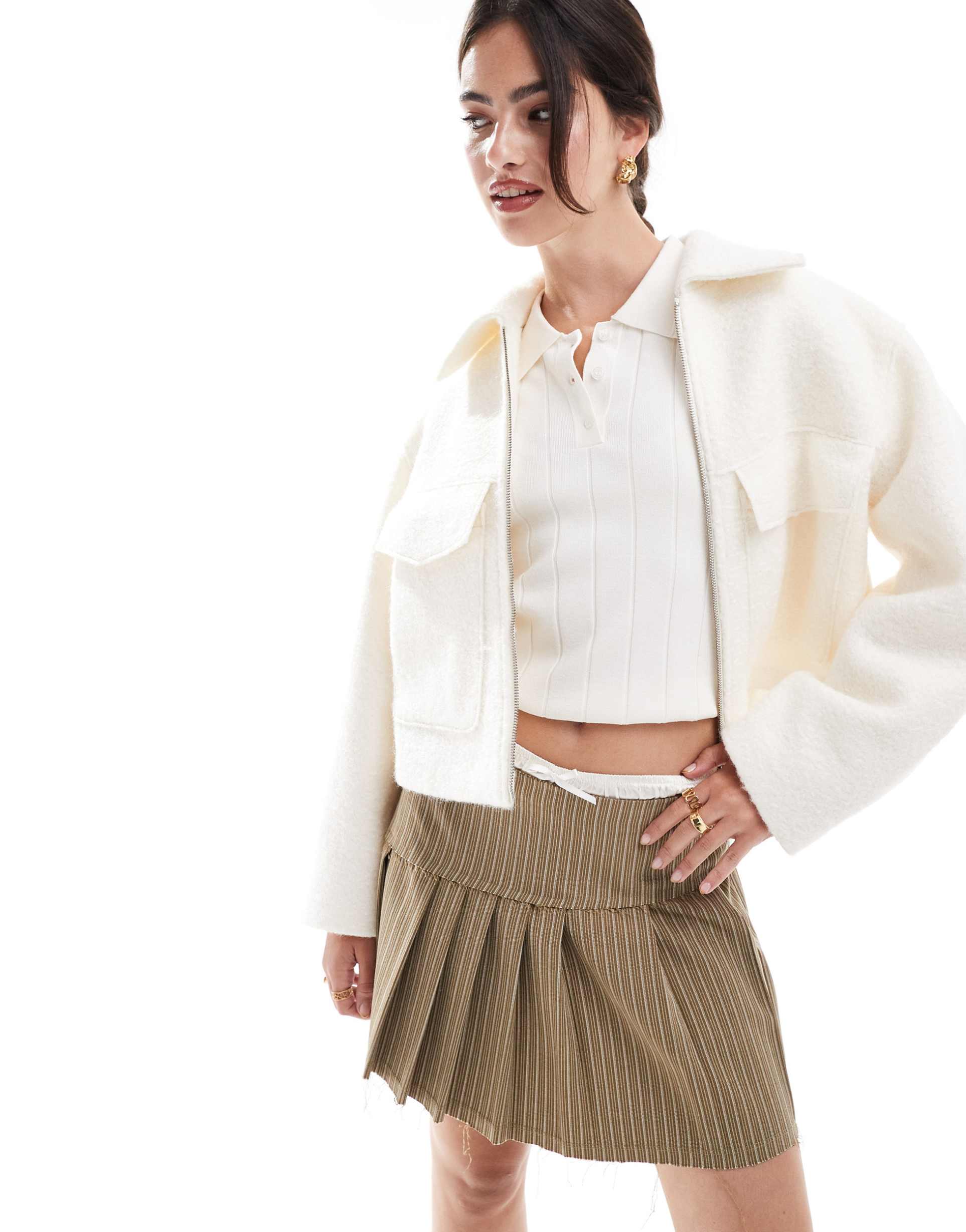 stradivarius wool look trucker jacket in ecru