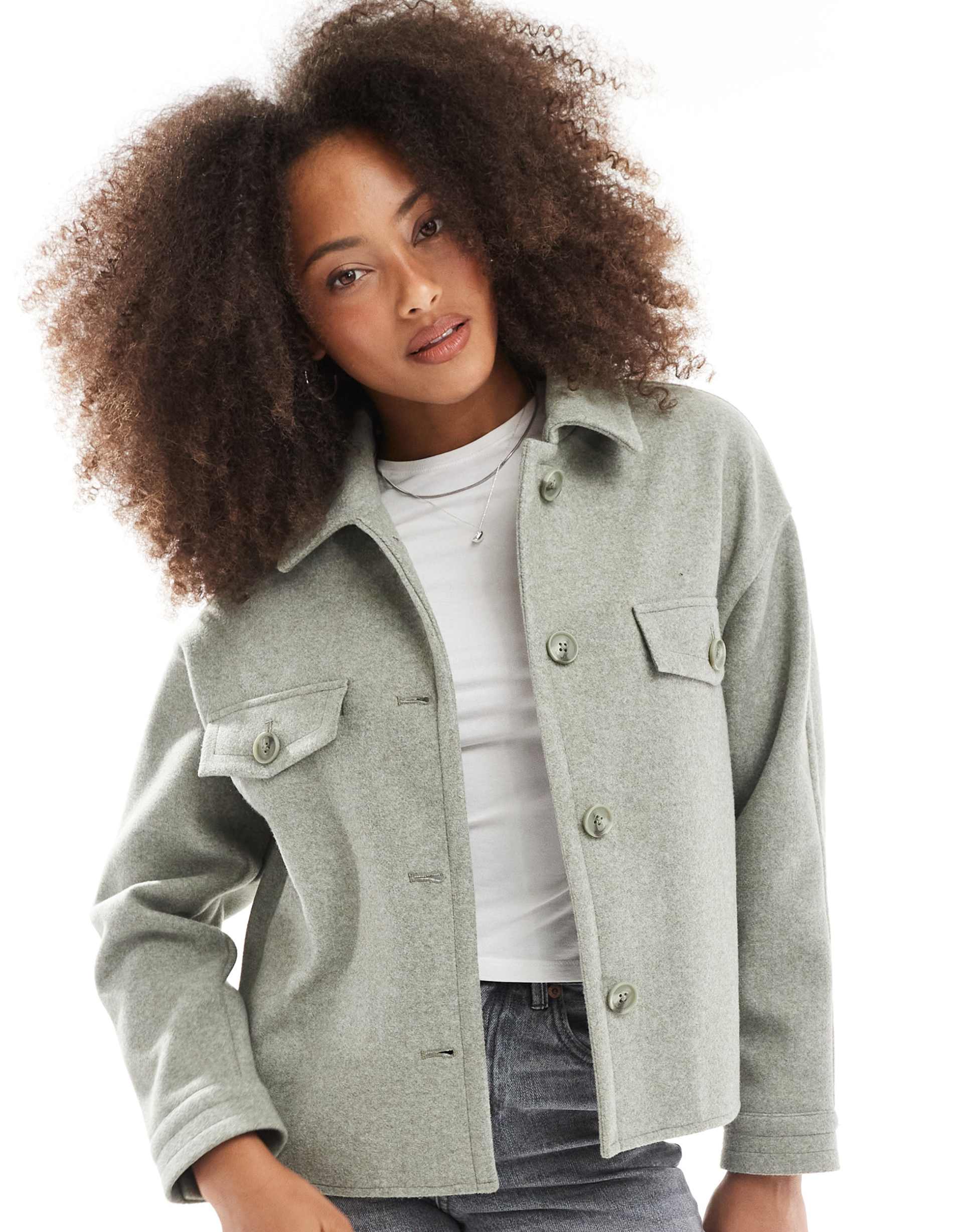 stradivarius wool look trucker jacket in pastel green