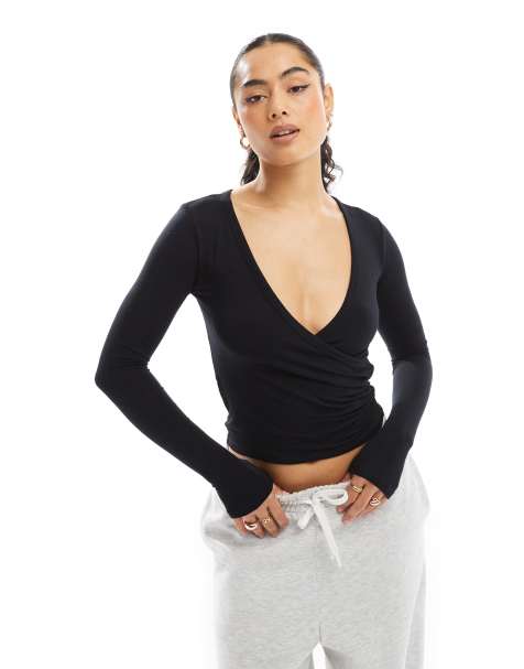 Stradivarius wrap detail long sleeve top in black - view 1