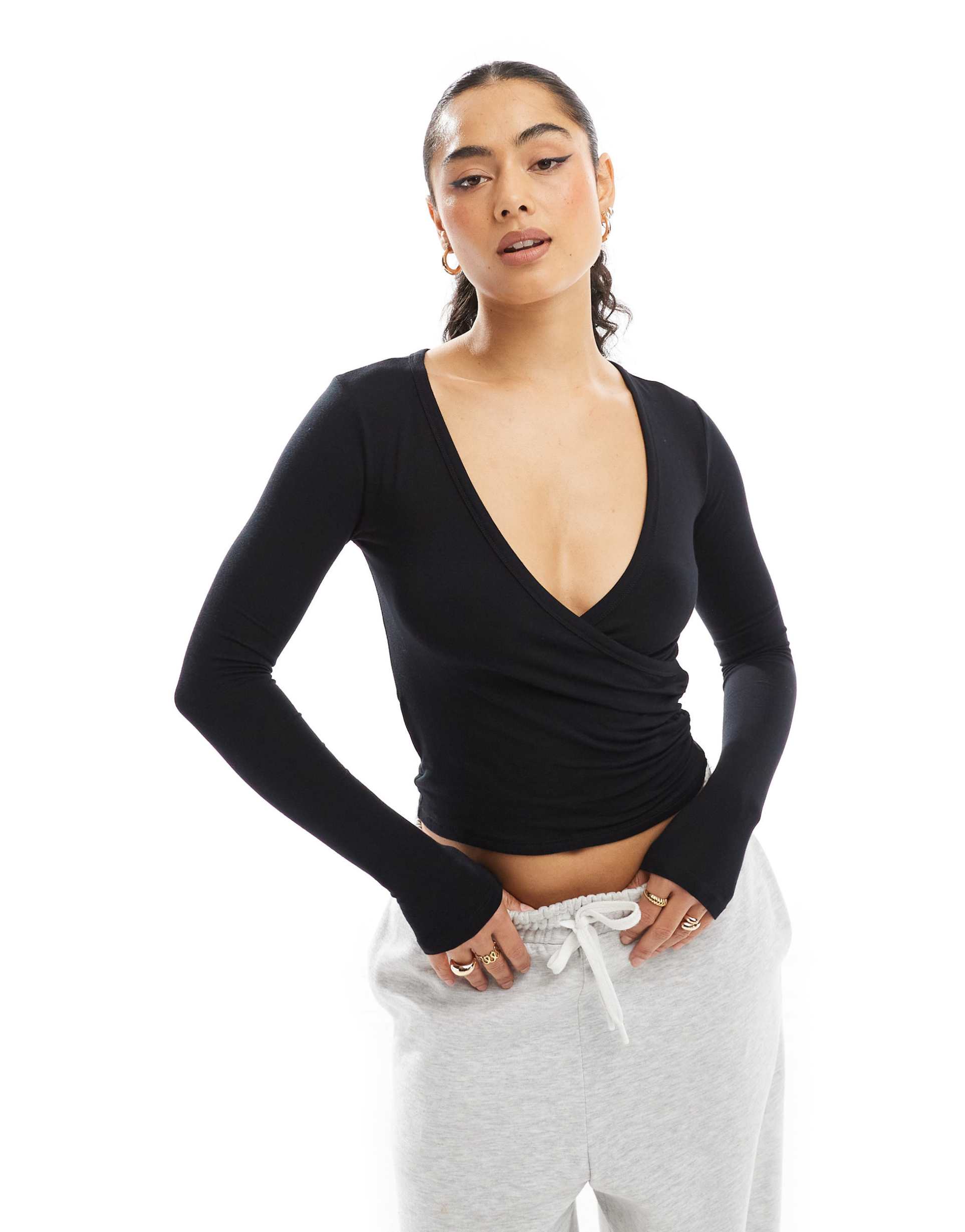 stradivarius wrap detail long sleeve top in black