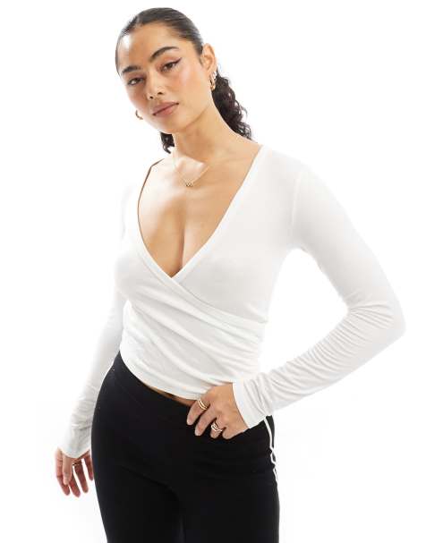 Stradivarius wrap detail long sleeve top in white - view 1