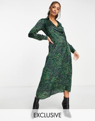 Green satin leopard print wrap dress best sale