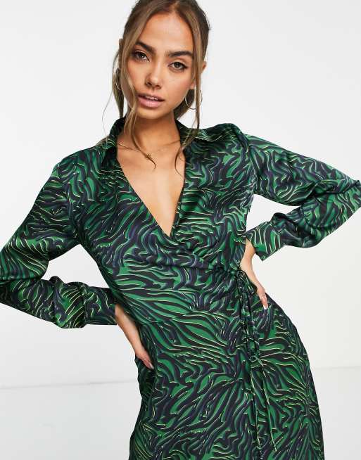 Stradivarius wrap detail midi satin dress in green abstract animal print |  ASOS