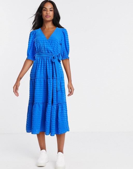 Stradivarius wrap front midi dress with frills in blue