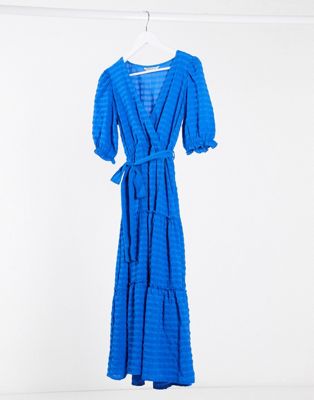 blue wrap front dress