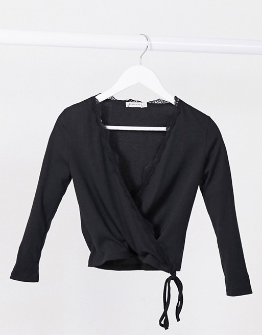 Stradivarius wrap long sleeve top with lace detail in black