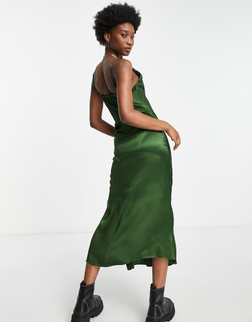 Stradivarius wrap midi satin dress in green, 2 of 4