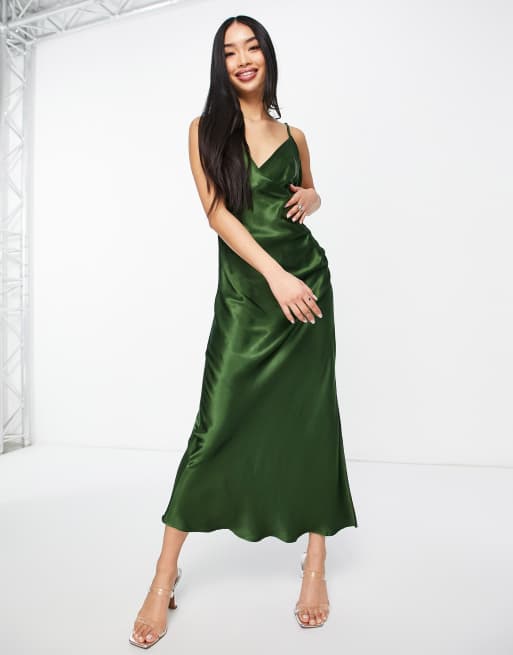 green satin dress uk Chi Chi Satin Ruched Maxi Dress in Sage in Green, Size 10 main image 0