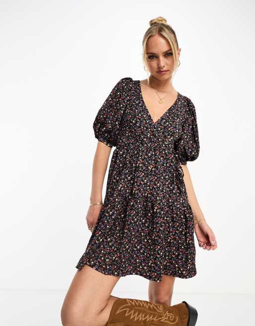 Stradivarius wrap mini dress in black floral | ASOS