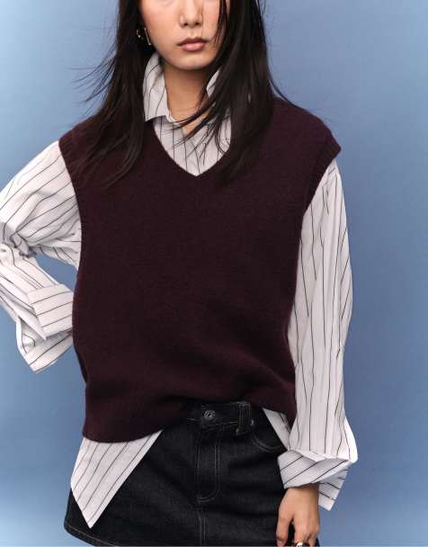 Stradivarius - Zachte gebreide spencer met V-hals in aubergine - view 1