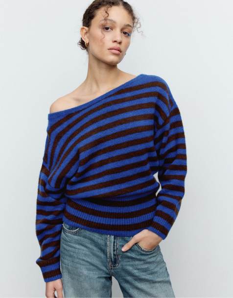 Stradivarius - Zachte gebreide sweater met boothals in marineblauw - view 1
