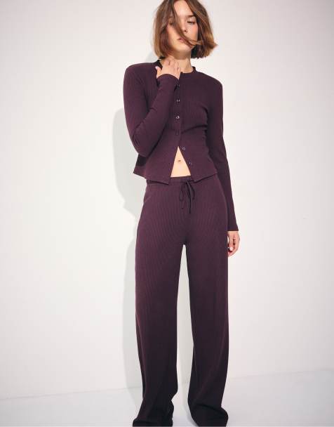 Stradivarius zachte geribbelde broek in aubergine - view 1