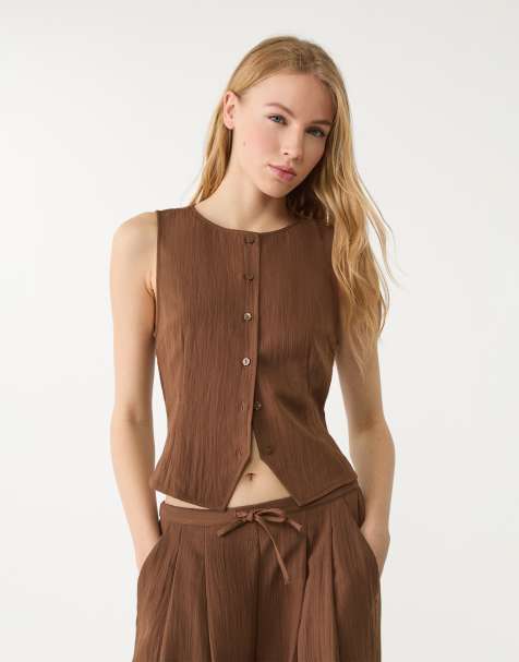 Stradivarius – Zapinany na guziki brązowy teksturowany top - view 1