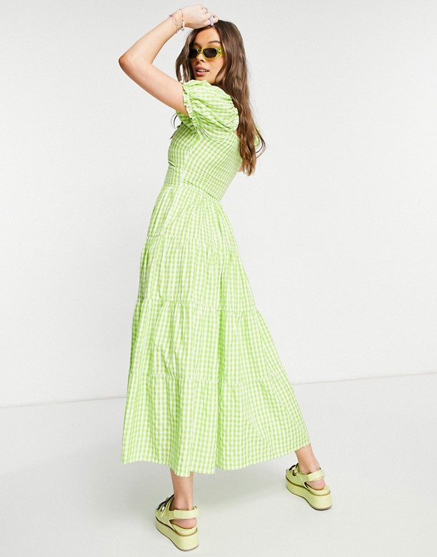  Bardzo Tani Stradivarius – Zielona popelinowa sukienka typu milkmaid w kratę z bufkami Zielony
