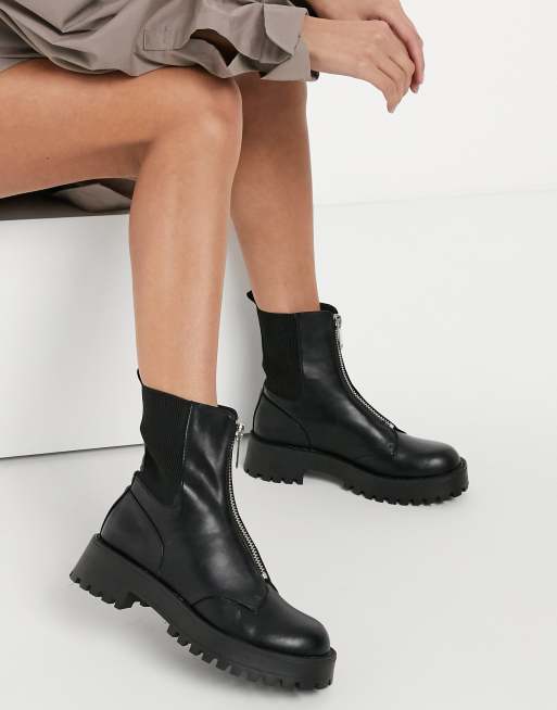 Stradivarius flat ankle boot with zipper in black