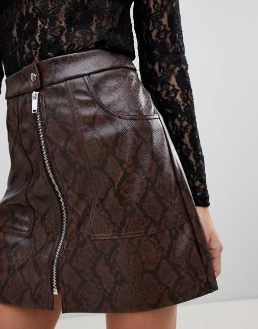 Stradivarius zip front PU skirt in snake print