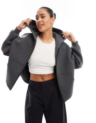 Stradivarius Zip Through Hoodie In Dark Gray-black