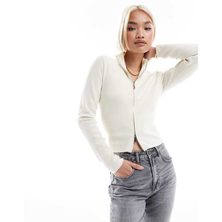 Stradivarius zip through knit cardigan in ecru | ASOS