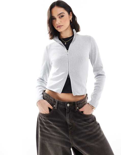 Stradivarius zip through knit cardigan in grey - view 1