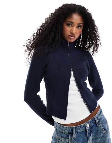 Stradivarius zip through knit cardigan in navy - view 1