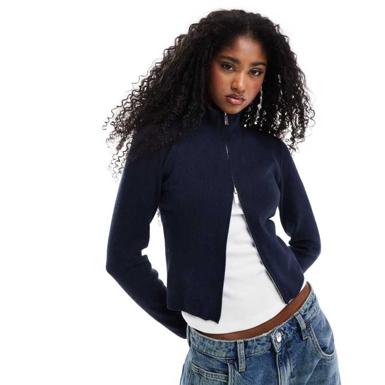 Stradivarius zip through knit cardigan in navy | ASOS