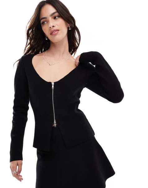 Stradivarius zip through knitted top co-ord in black - view 1