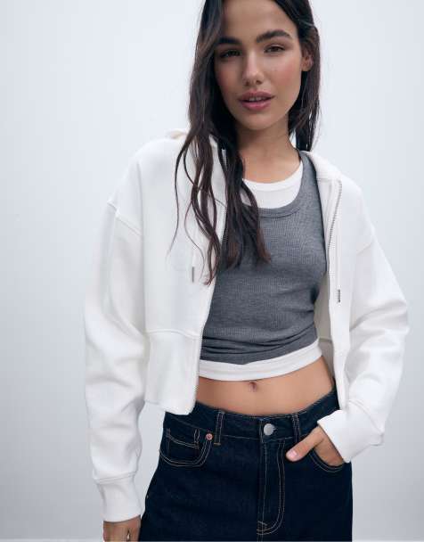 Stradivarius Zip-up hoodie in ecru - view 1