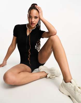 Stradivarius Zip Up Polo Unitard In Black