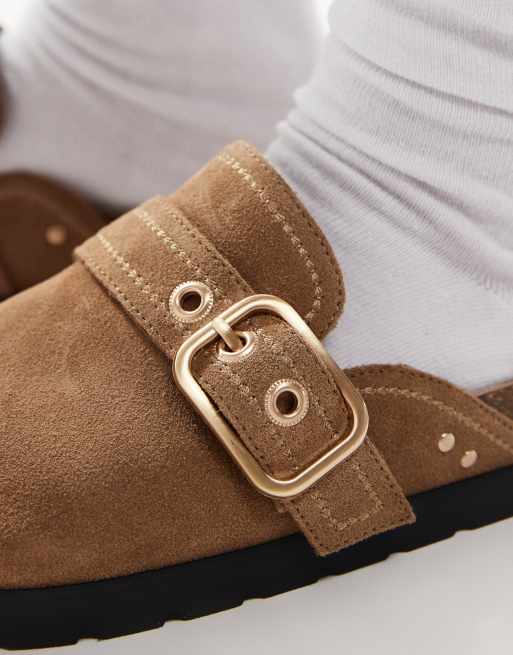 Stradivarius - Zoccoli beige in camoscio con apertura e fibbia, 3 di 4