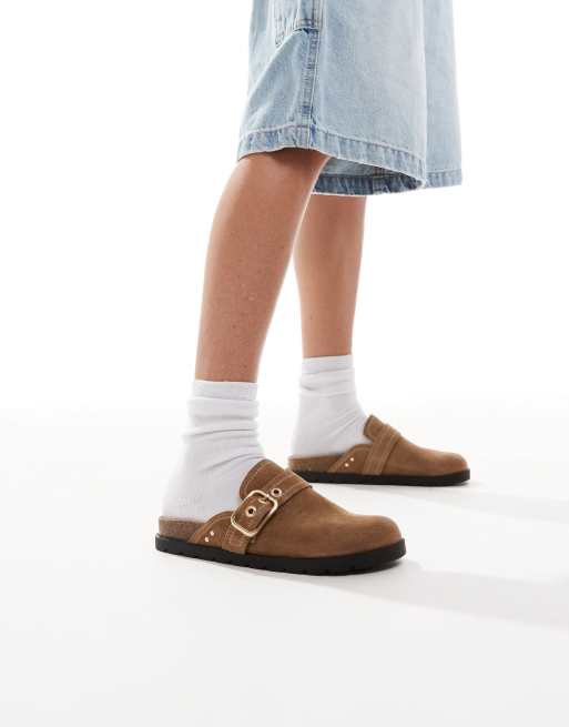 Stradivarius - Zoccoli beige in camoscio con apertura e fibbia, 4 di 4