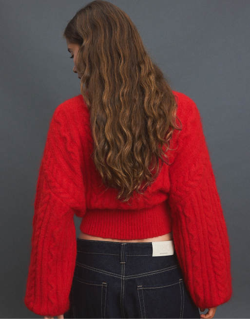 Stradivarius Zopfstrickpullover mit Reißverschluss in Rot, 3 von 7