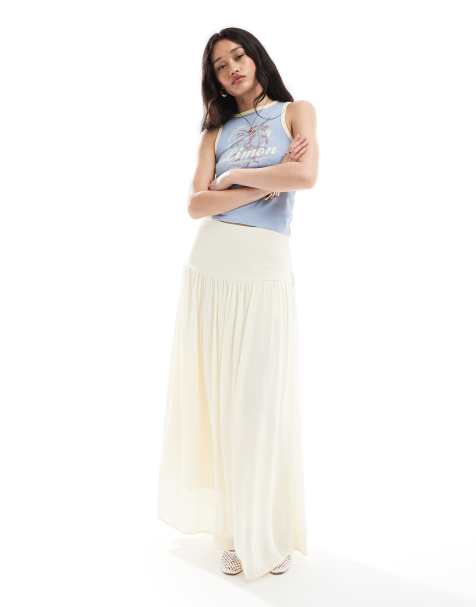 Stradivarius drop waist midi skirt in yellow