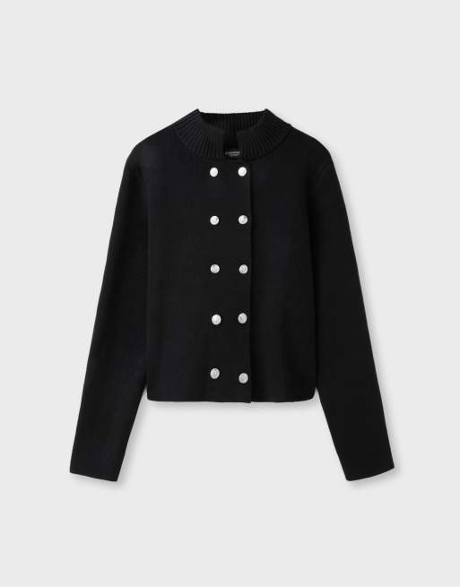 Stradivarius zweireihige Strickjacke mit Stehkragen in Schwarz, 5 von 6
