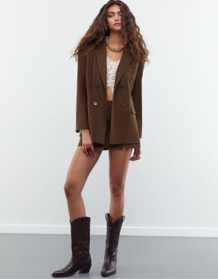 Stradivarius - Zweireihiger Blazer in Braun mit Knöpfen-Brown