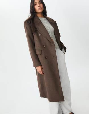 Stradivarius - Zweireihiger, langer Mantel in Braun-Brown