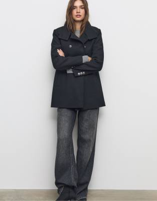 Stradivarius - Zweireihiger Mantel in Schwarz