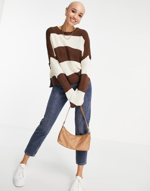 Stradvarius stripe jumper in brown and cream | ASOS
