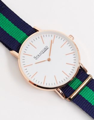 Stratford mens - Horloge met gestreepte band in roze en marineblauw-Multi
